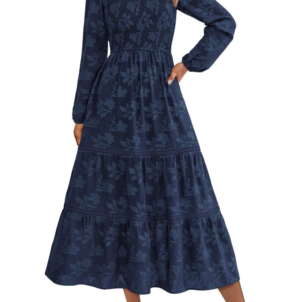Elegant Floral Boho Smocked Midi Dress Long Sleeve Wedding Guest Fall